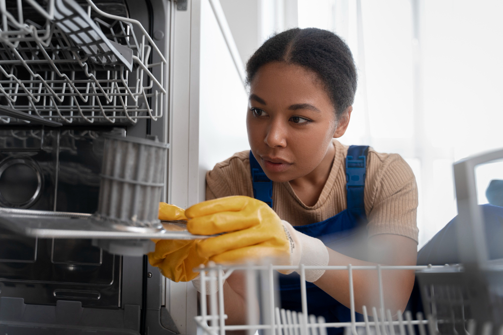 Woman Working on Cleaning Dishwasher