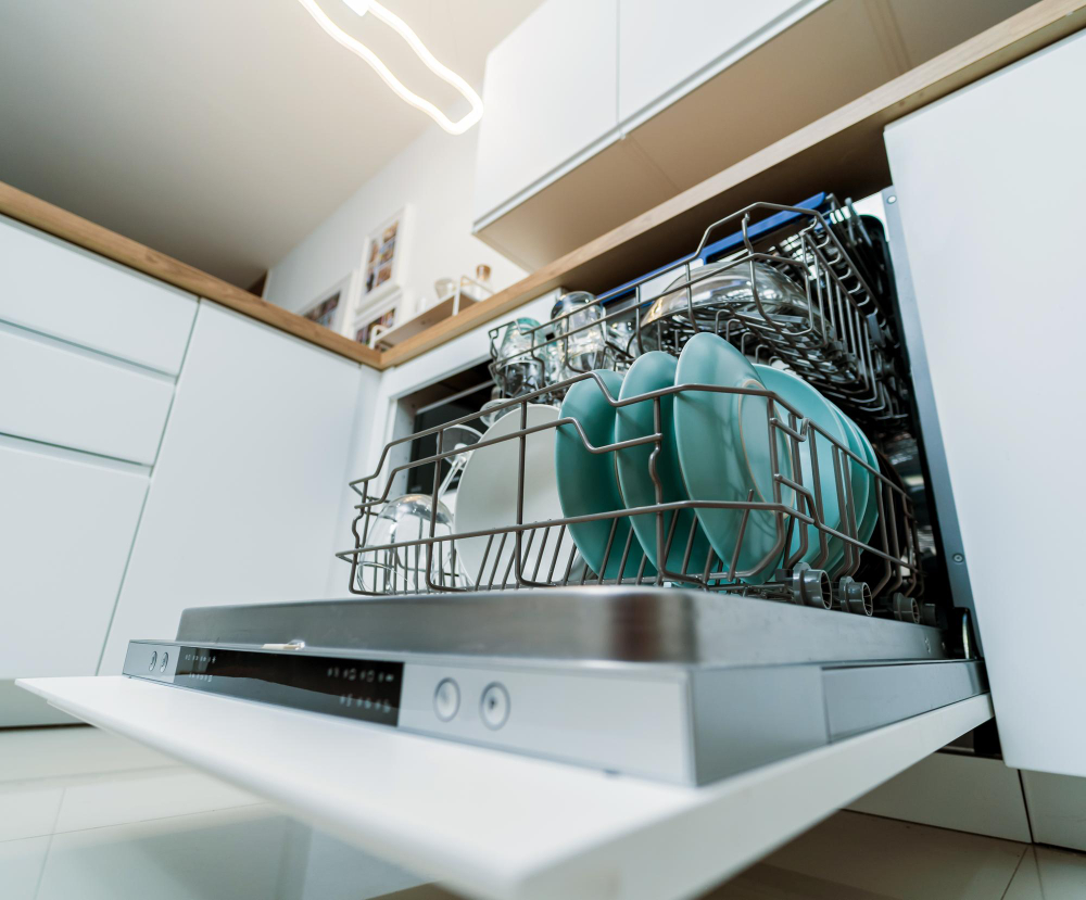 Integrated Dishwasher with the Door Open Clean Dishes