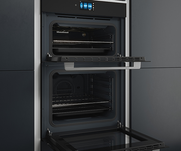 Double Electric Oven Integrated Black Glass Stainless Steel with the Doors Open