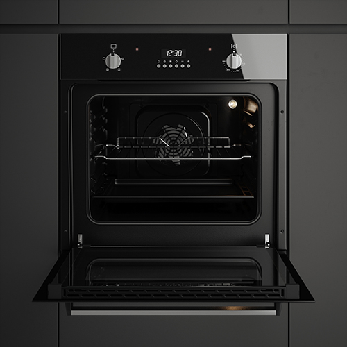 black built-in oven installed in a wall unit with door open