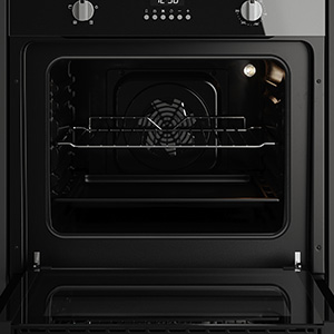 black electric fan oven with door open